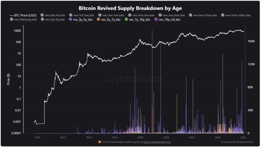 Rozdělení znovu aktivované nabídky Bitcoinu podle stáří.