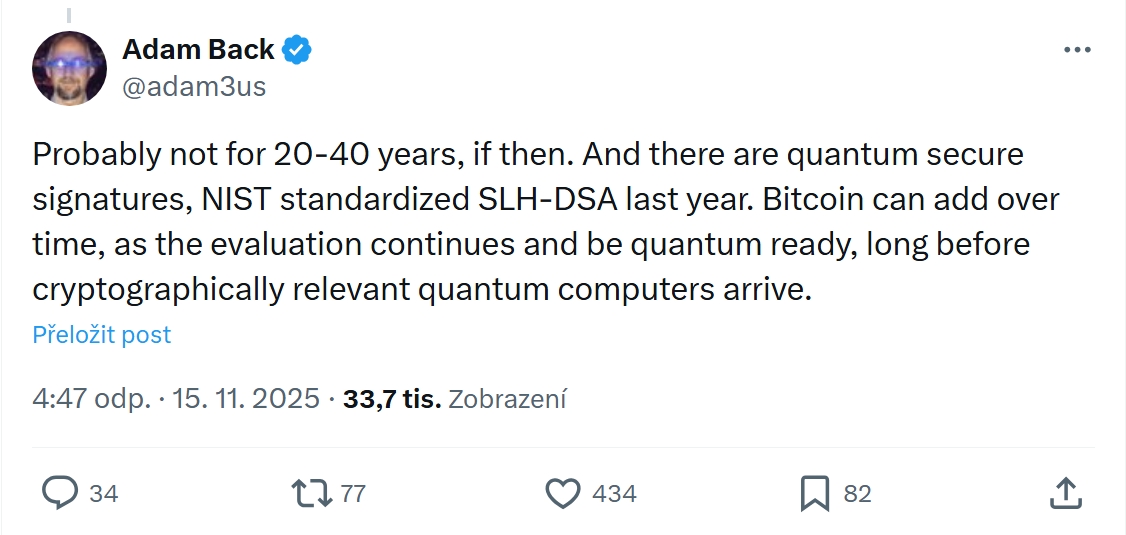 Adam Back tvrdí, že kvantové počítače nepředstavují aktuální riziko a že Bitcoin má čas na přípravu 20-40 let.