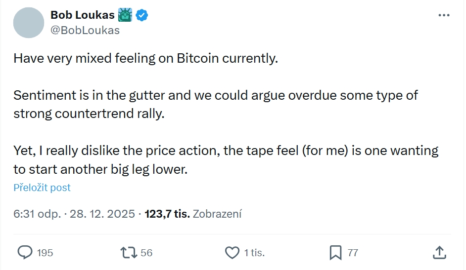 Bob Loukas ve svém příspěvku uvádí, že má z Bitcoinu velmi smíšené pocity. Sentiment je aktuálně na dně a mohl by vytvořit prostor pro silnější protisměrný pohyb.