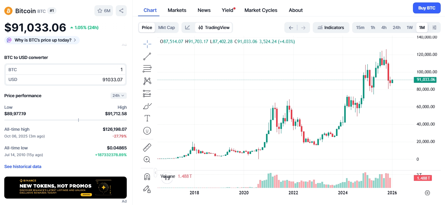 Měsíční graf BTC/USD s aktuální cenou 91 033 USD. Za posledních 24 hodin cena vzrostla o 1,05%.