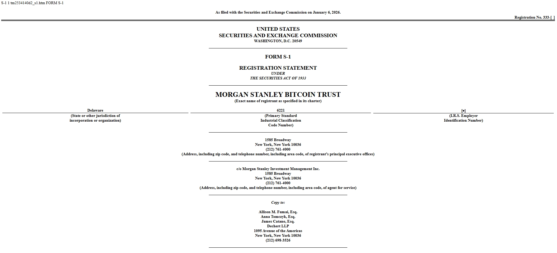 Morgan Stanley podává 6. ledna 2026 žádost SEC o spuštění Bitcoin Trust, který bude pasivním investičním nástrojem navrženým ke sledování spotové ceny Bitcoinu a nebude používat pákový efekt ani deriváty.