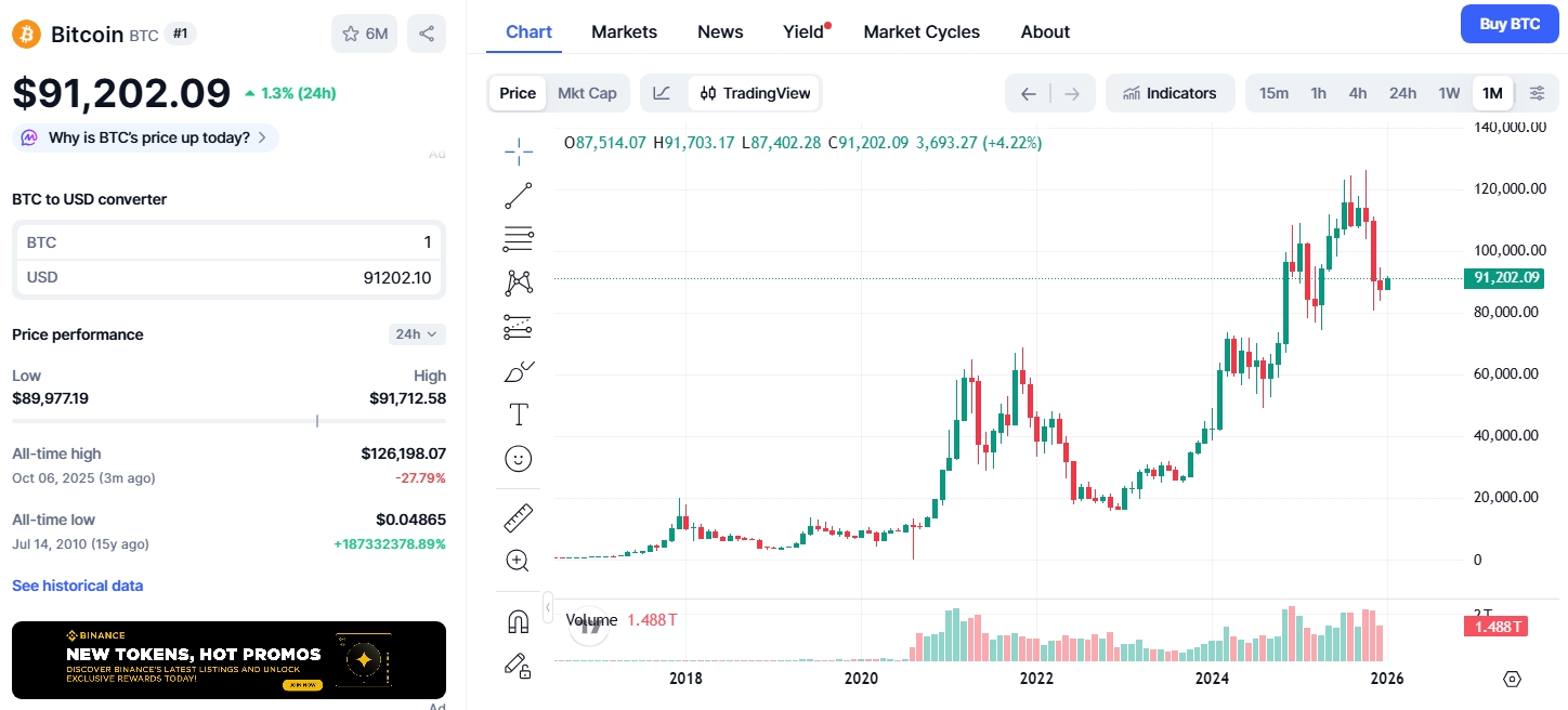 Měsíční graf BTC/USD s aktuální cenou 91 202 USD.