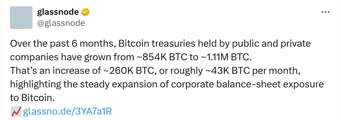 Analytická společnost Glassnode uvádí, že během posledních 6 měsíců vzrostly bitcoinové státní dluhopisy držené veřejnými a soukromými společnostmi z přibližně 854 tisíc BTC na přibližně 1,11 milionu BTC.