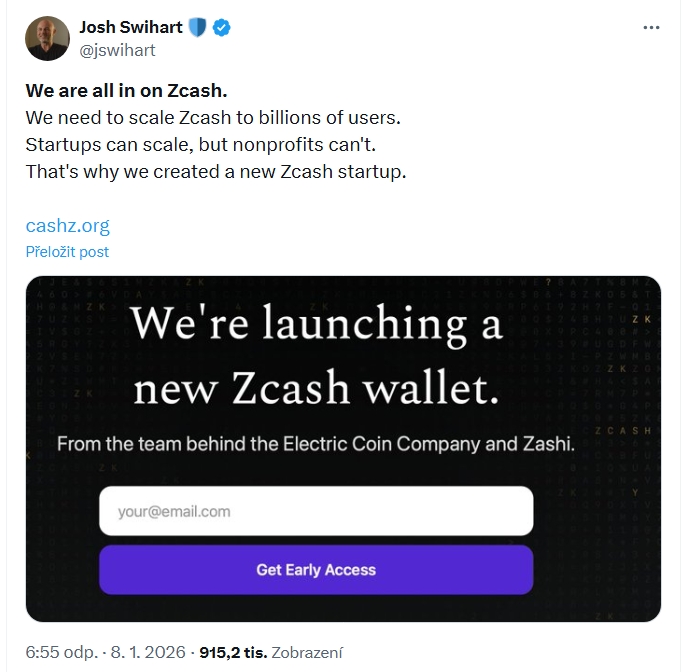 Josh Swihart oznamuje založení nového startupu Zcash a vytvoření nové peněženky vycházející z kódu Zashi.
