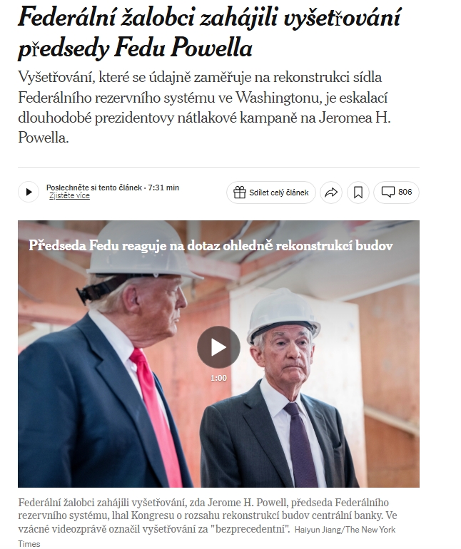 Úvod článku z The New York Times ze dne 11. ledna 2026, překlad do češtiny.