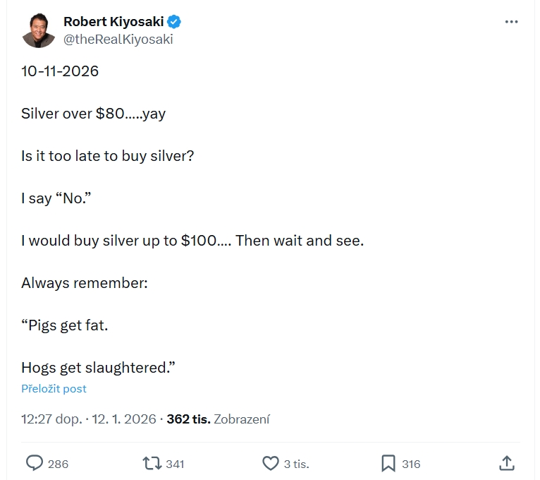 Robert Kiyosaki si klade otázku, zda není už příliš pozdě na nákup stříbra a odpovídá NE. Doporučuje stříbro nakoupit do 100 dolarů a pak vyčkat.