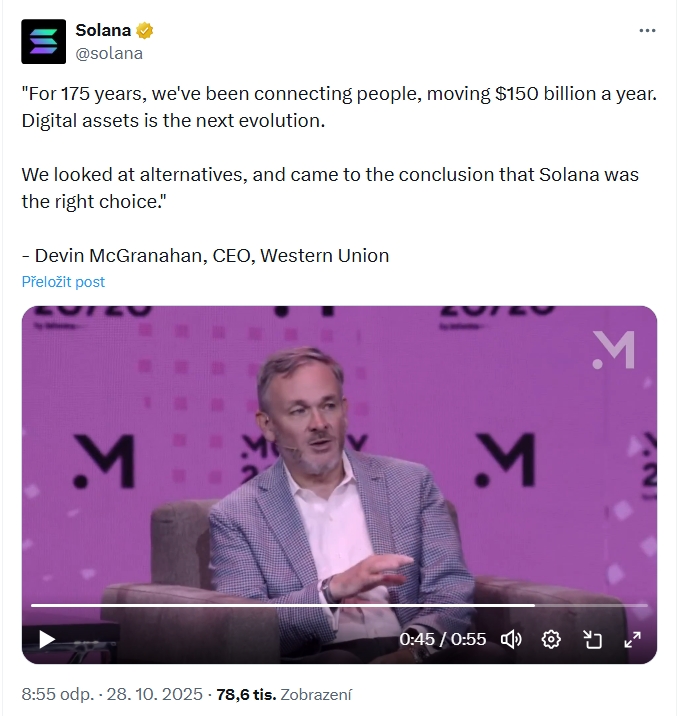 Generální ředitel společnosti Western Union Devin McGranahan oznamuje, že společnost spustí stablecoinový vypořádací systém na Solaně v první polovině roku 2026.