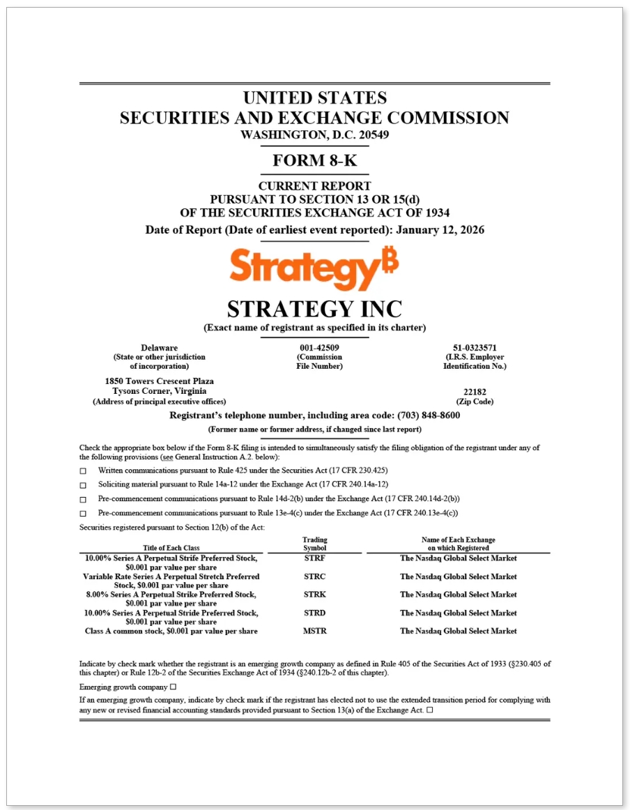 Společnost Strategy podává 12. ledna 2026 hlášení pro americkou Komisi pro cenné papíry (SEC).