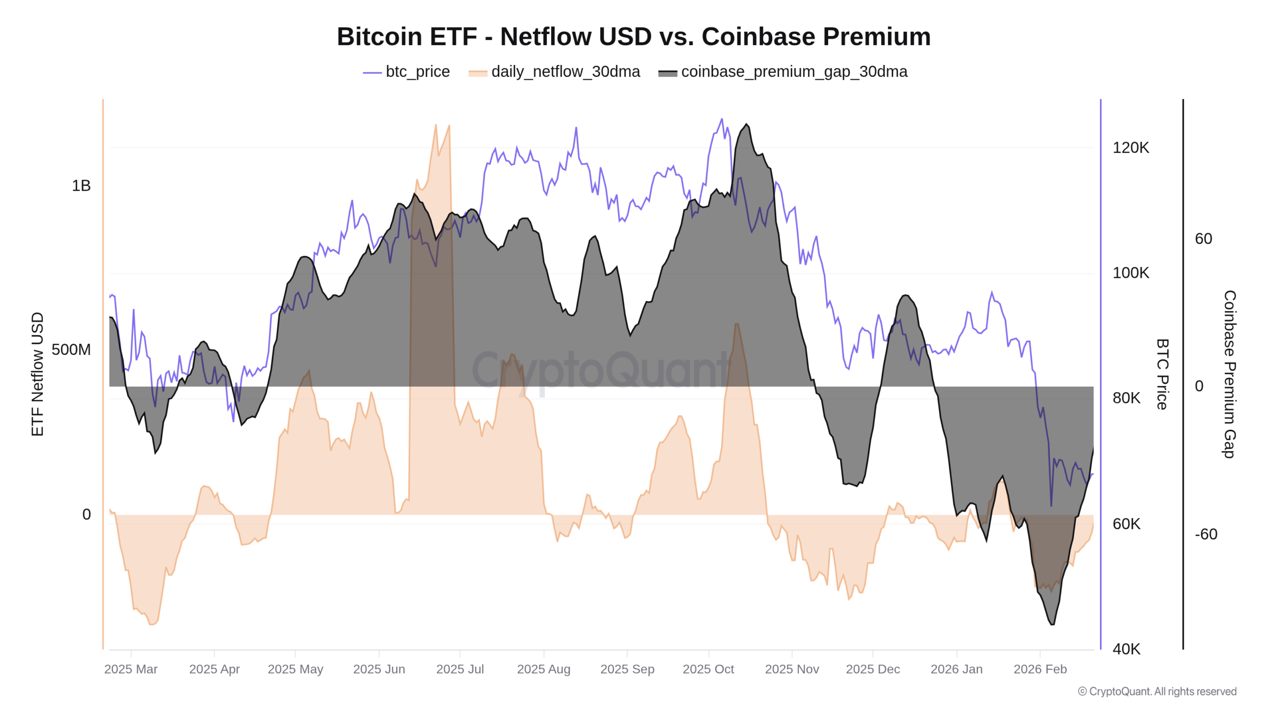 Přehled vývoje ceny Bitcoinu, Coinbase Premium a denní změny ETF za poslední rok (zdroj: CryptoQuant / Maartunn).