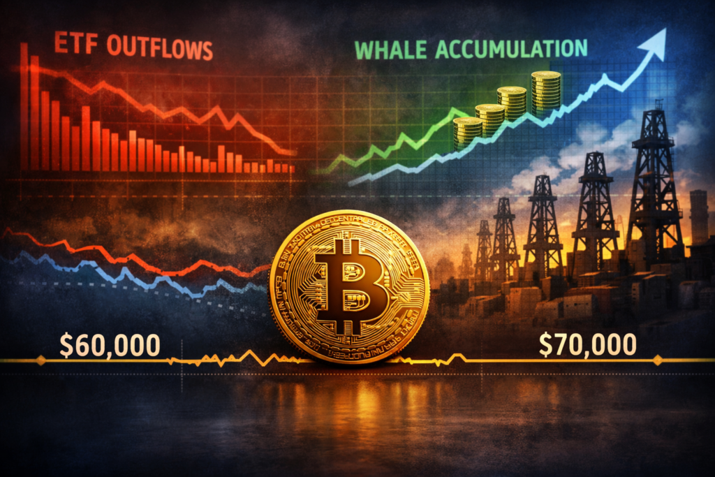 Bitcoin mezi 60–70 000 USD: Klid na grafu, napětí v datech