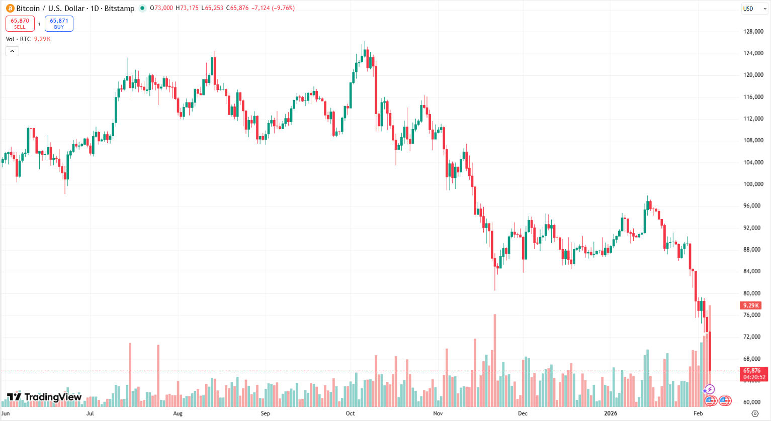 Cenový graf BTC/USD s aktuální cenou v době psaní článku na hodnotě 65 876 USD.