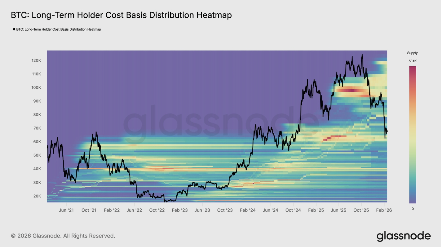BTC long-term holder cost basis distribution heatmap je vizualizace, která ukazuje, za jaké ceny dlouhodobí držitelé (LTH – Long-Term Holders) nakoupili své Bitcoiny a kolik BTC drží na jednotlivých cenových úrovních.