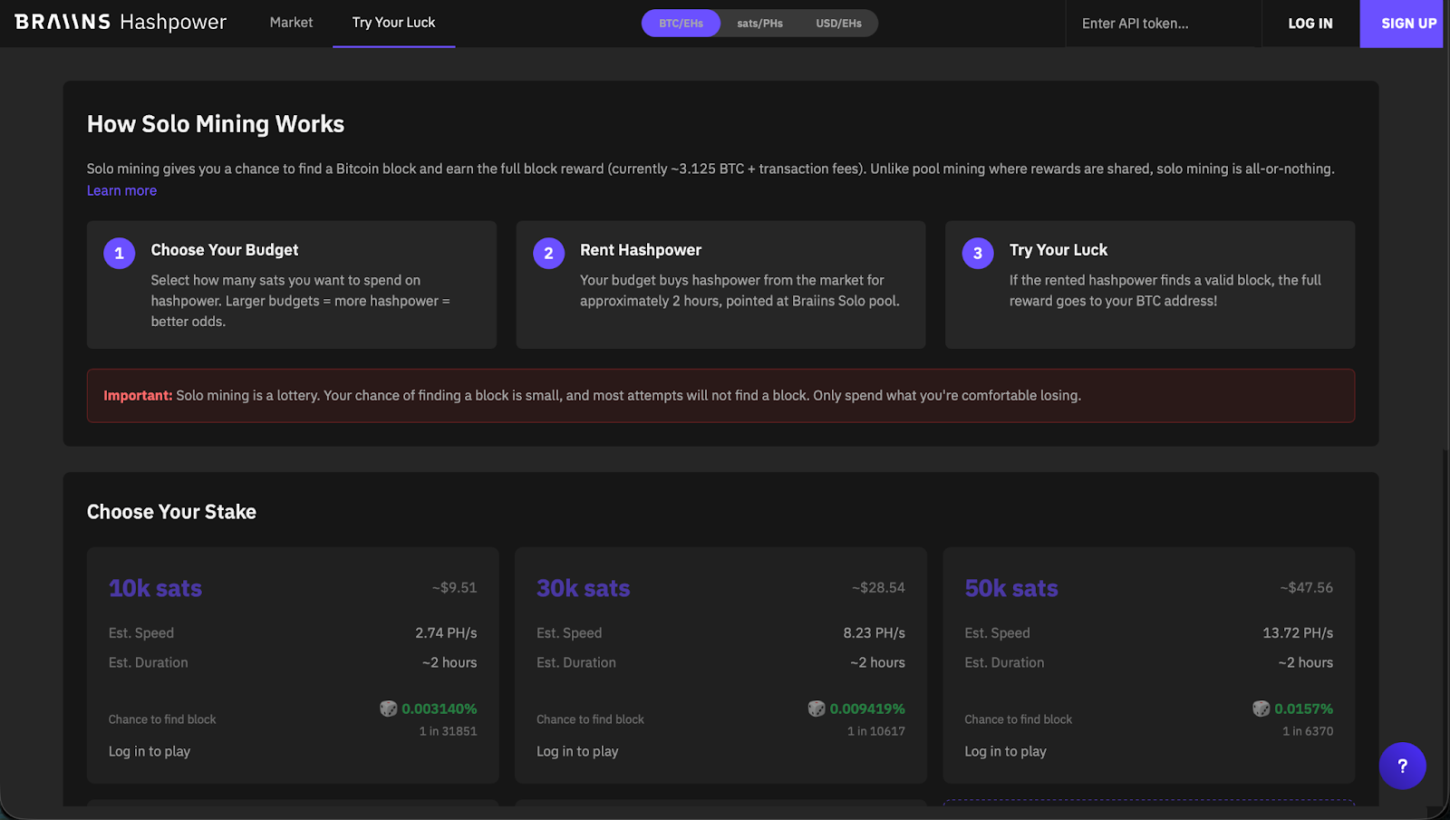 Solo mining na platformě Braiins Hashpower. Zdroj: braiins.com
