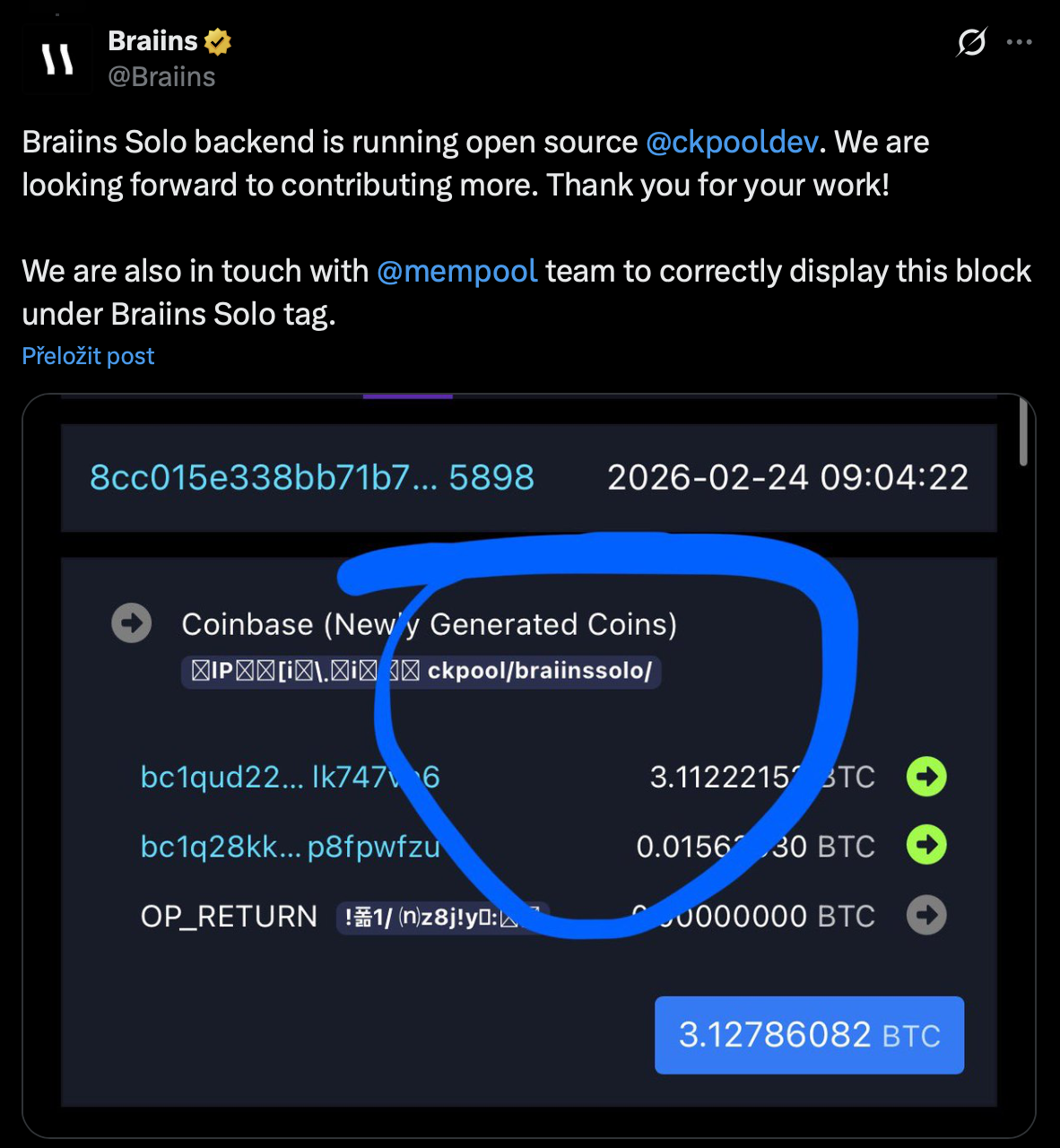 Těžař našel bitcoinový block pomocí platformy Braiins Hashpower. Zdroj: x.com
