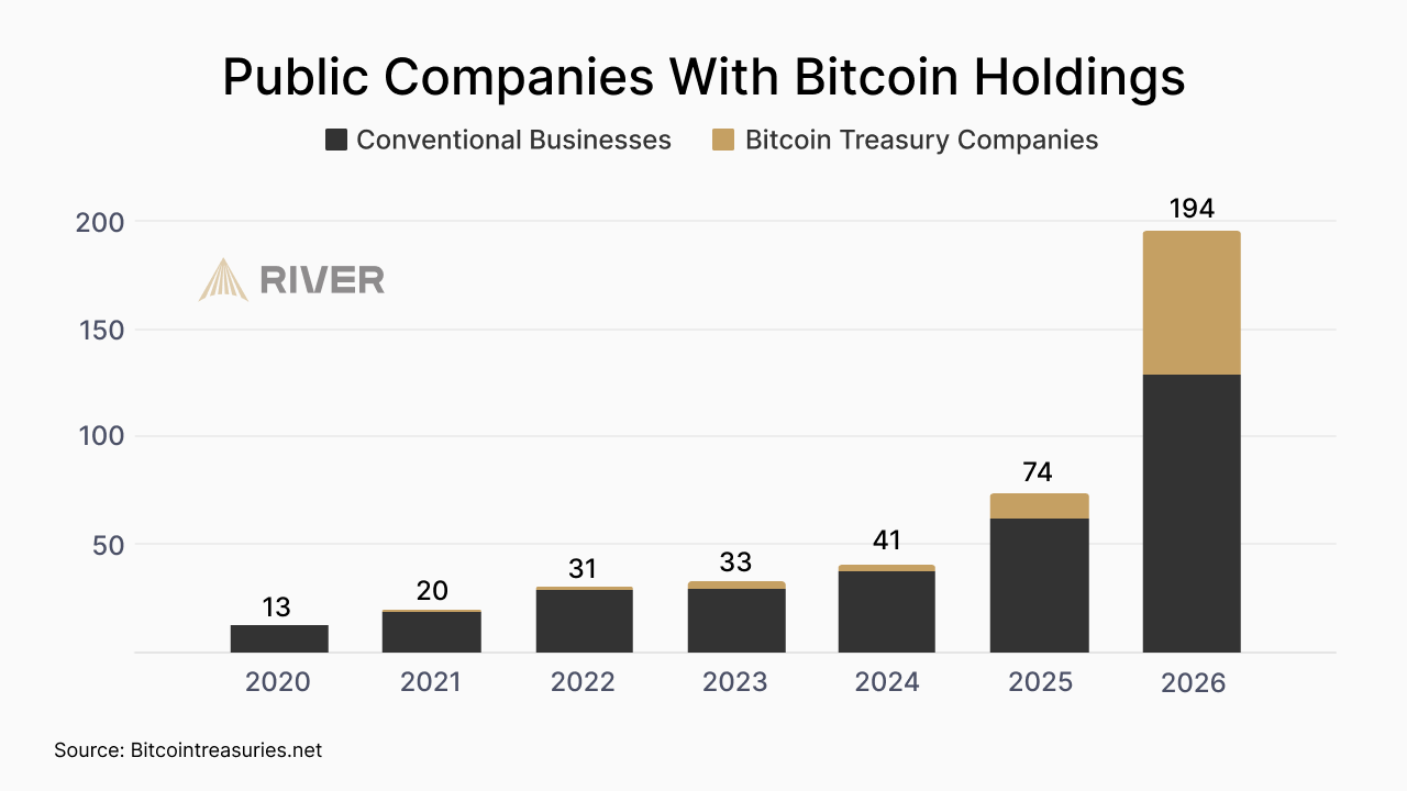 Veřejně obchodované společnosti držící bitcoin. Zdroj: River