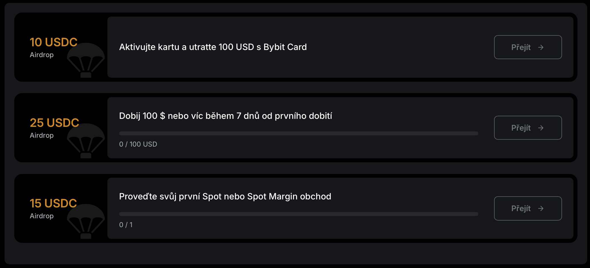 Airdrop je rozdělen do tří částí. Zdroj: bybit.eu