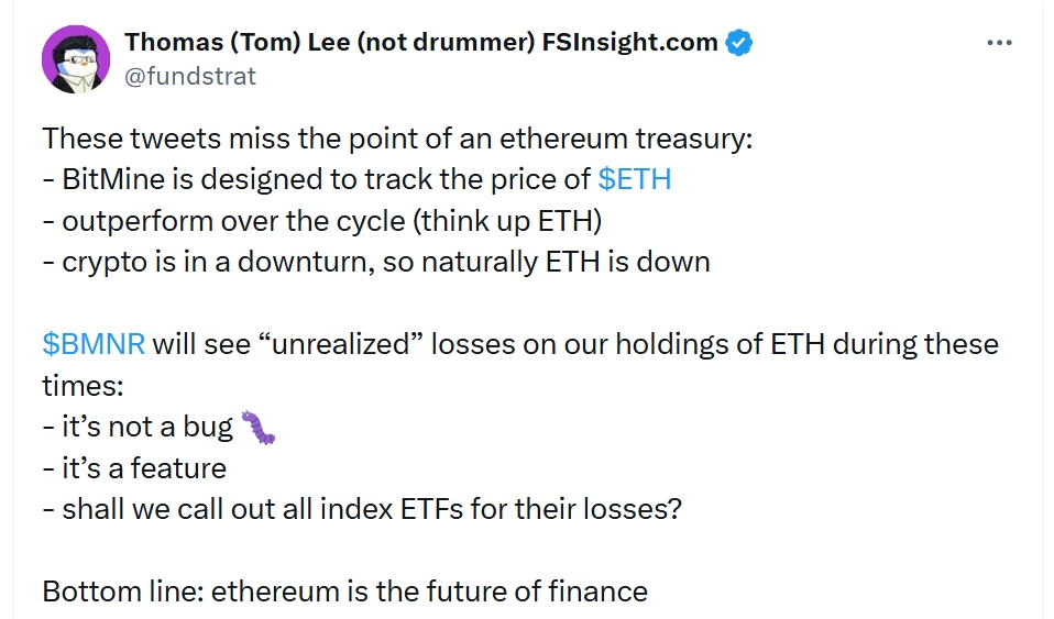 Tom Lee reaguje na kritiku a uvádí, že BitMine je navržen tak, aby sledoval cenu ETH. Kryptoměny jsou v poklesu, takže přirozeně klesá i ETH.