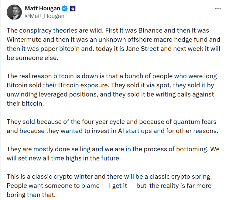 Matt Hougan uvádí, že skutečným důvodem poklesu bitcoinu je, že skupina lidí, kteří drželi dlouhé pozice v bitcoinech, prodala svou bitcoinovou expozici, a to kvůli obavám z kvantové exploze.