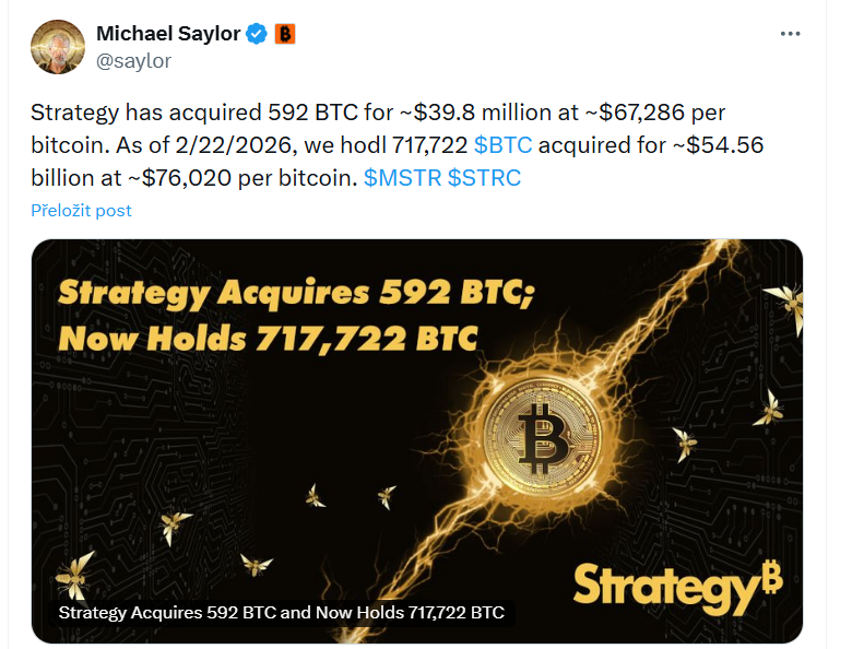 Michael Saylor oznamuje ve svém příspěvku 100. nákup Bitcoinu společností Strategy.
