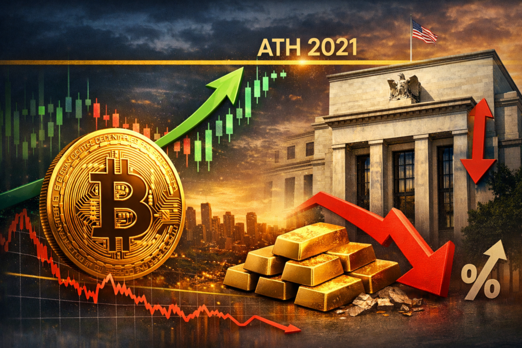 Bitcoin testuje historické maximum z roku 2021, zlato padá a Fed dusí trhy