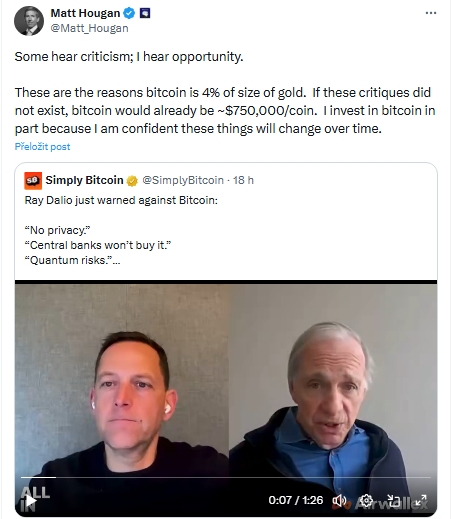 Matt Hougan: Někteří slyší kritiku. Já slyším příležitost. Právě kvůli těmto výhradám má dnes Bitcoin velikost jen asi 4 % oproti zlatu. Kdyby tyto problémy neexistovaly, Bitcoin by už stál přibližně 750 000 dolarů za minci. Investuji do Bitcoinu mimo jiné proto, že věřím, že se tyto věci postupně změní.