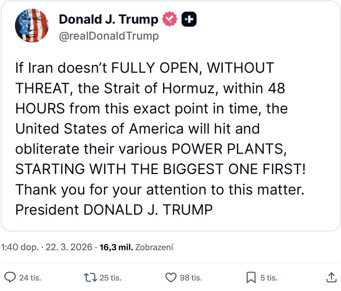 Donald Trump dal Íránu lhůtu 48 hodin na znovuotevření Hormuzského průlivu