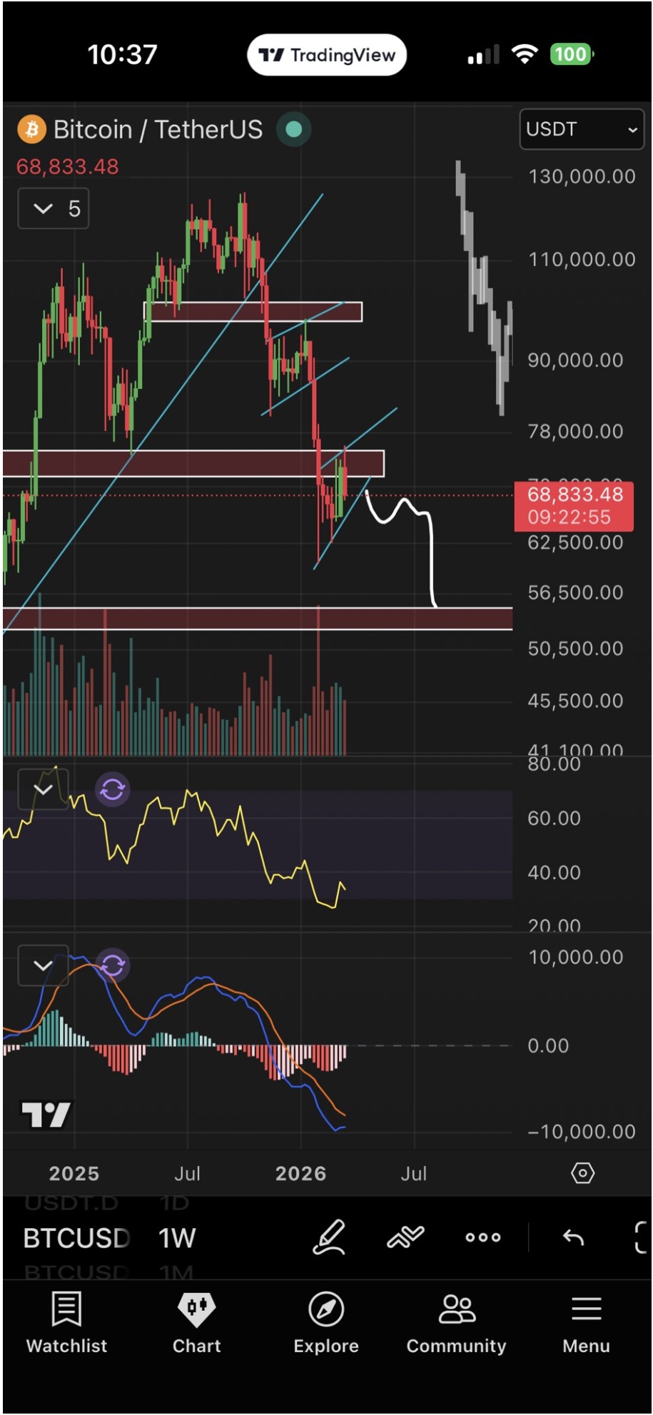 Týdenní graf BTC/USD. Stále jsem si velmi jistý, že uvidíme 50 000 dolarů a pravděpodobně i o něco níže.
