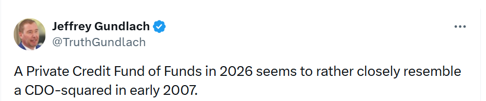 Jeffrey Gundlach ve svém příspěvku uvedl, že fond fondů zaměřený na private credit v roce 2026 se podle všeho velmi podobá strukturám CDO-squared z počátku roku 2007.
