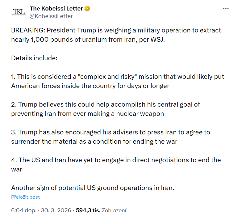 AKTUÁLNĚ: Prezident Trump zvažuje vojenskou operaci s cílem získat téměř 1 000 liber uranu z Íránu, uvádí WSJ.