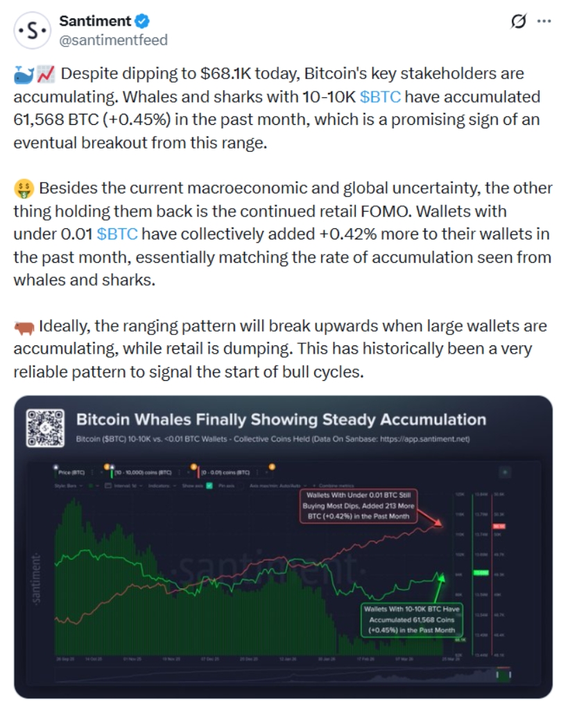 Velryby a žraloci s 10 až 10 000 BTC za poslední měsíc nakoupili 61 568 BTC (+0,45 %), což představuje slibný signál možného průrazu z aktuálního pásma.