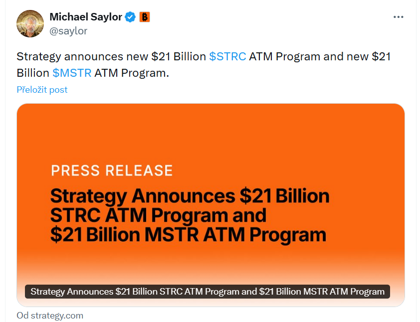Strategy oznamuje nový ATM program v hodnotě 21 miliard dolarů pro $STRC a další ATM program v hodnotě 21 miliard dolarů pro $MSTR.