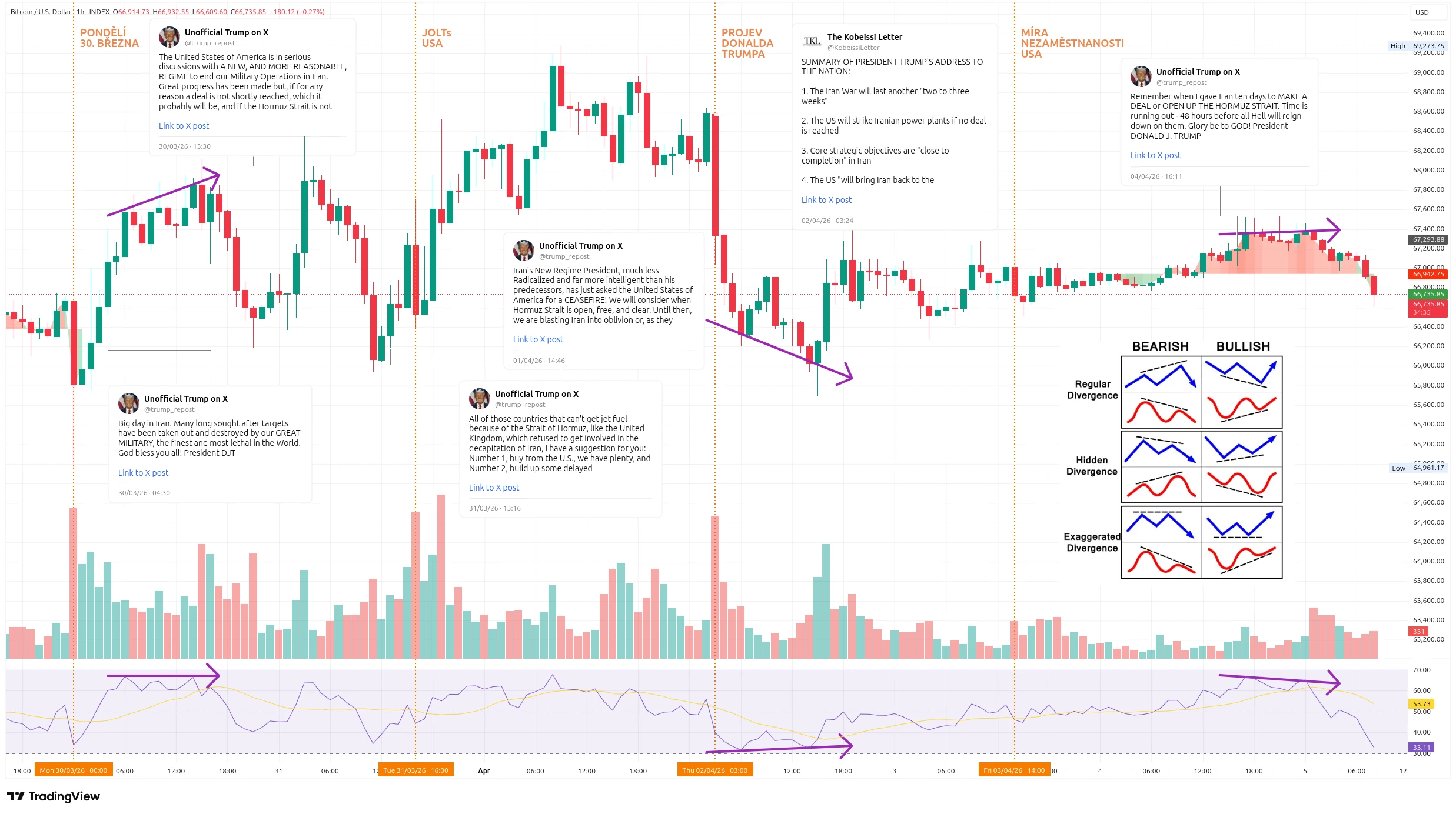 Hodinový graf kurzu ceny bitcoinu s vyznačenými událostmi tohoto týdne (zdroj: TradingView).
