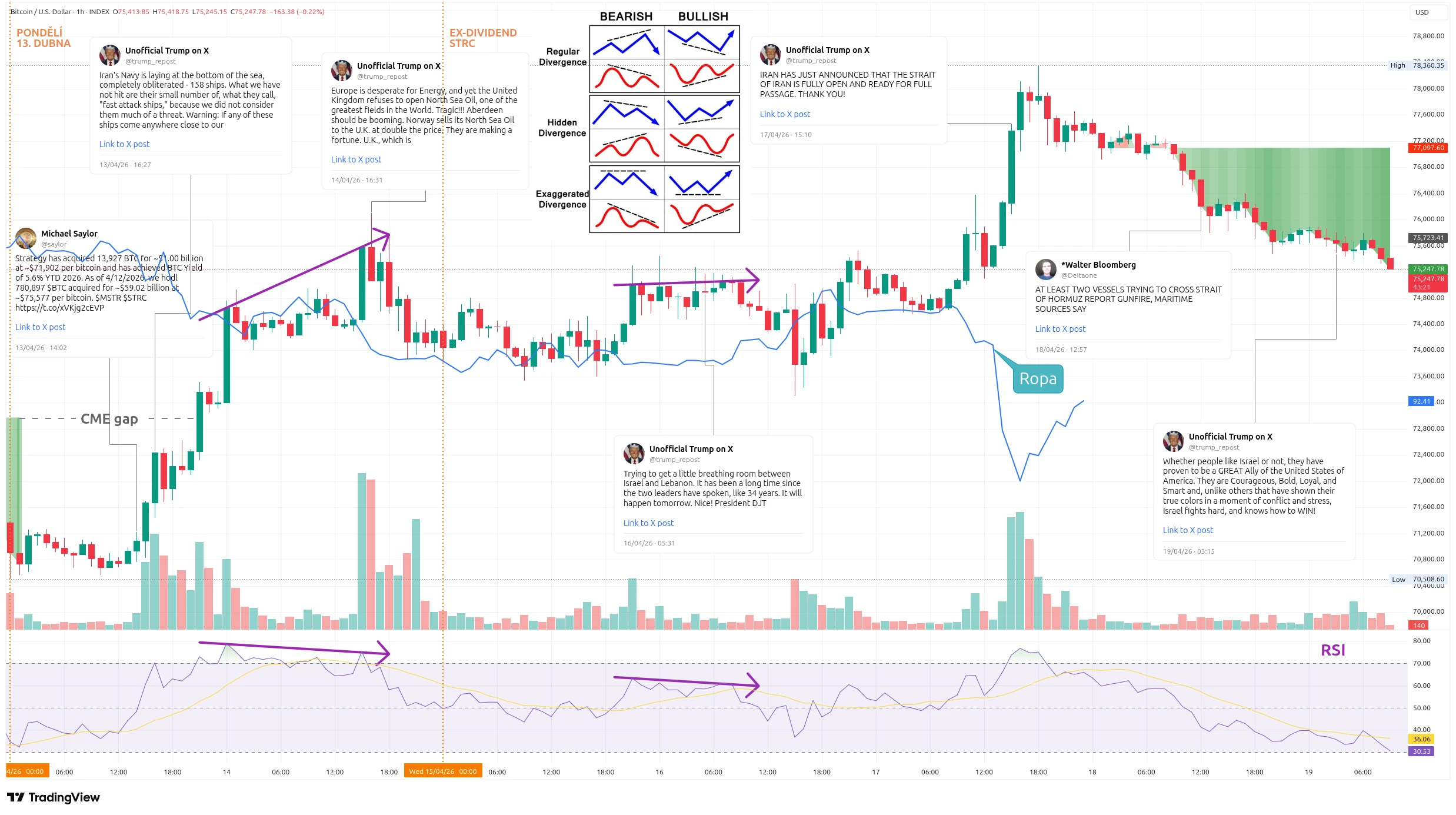Hodinový graf kurzu ceny bitcoinu s vyznačením důležitých makroekonomických událostí a zpráv (zdroj: TradingView).
