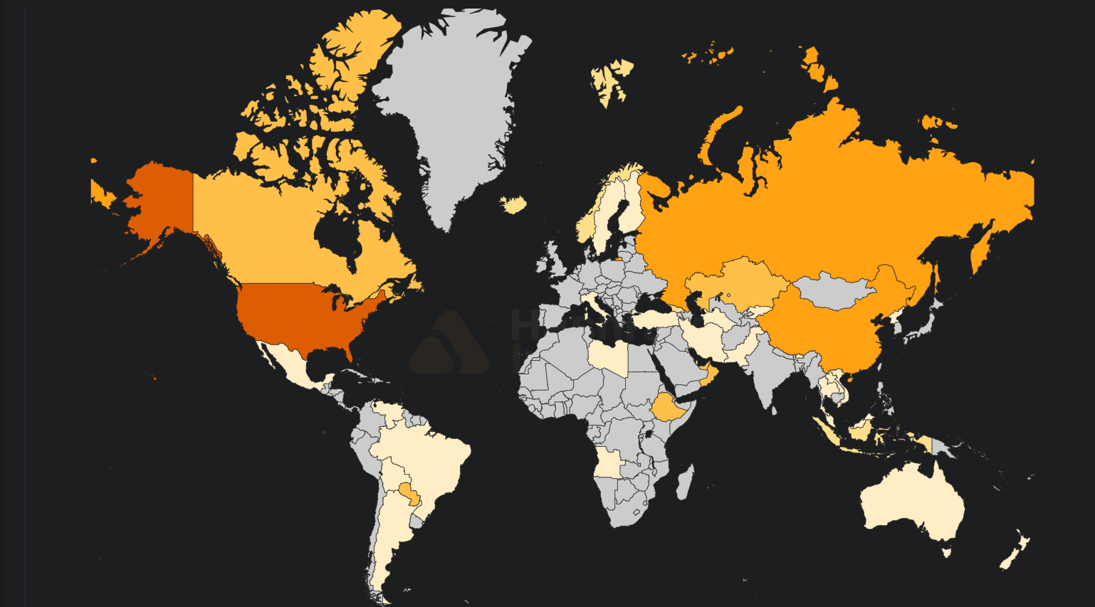 Globální mapa hashrate od Hashrate Index odhaduje geografické rozložení těžby bitcoinu po celém světě. Poskytuje vážený přehled koncentrace výpočetního výkonu v jednotlivých regionech a vychází z dat těžebních poolů, obchodování s ASIC zařízeními a trendů v používání firmwaru.