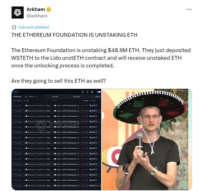 Ethereum Foundation odemyká (unstakuje) ETH v hodnotě 48,9 milionu dolarů. Právě vložila wstETH do kontraktu unstETH na platformě Lido a po dokončení procesu odemknutí obdrží zpět nestakované ETH. Chystají se toto ETH také prodat?