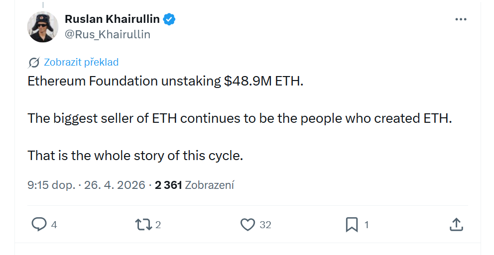 Největším prodejcem ETH nadále zůstávají lidé, kteří ETH vytvořili. To je celý příběh tohoto cyklu.