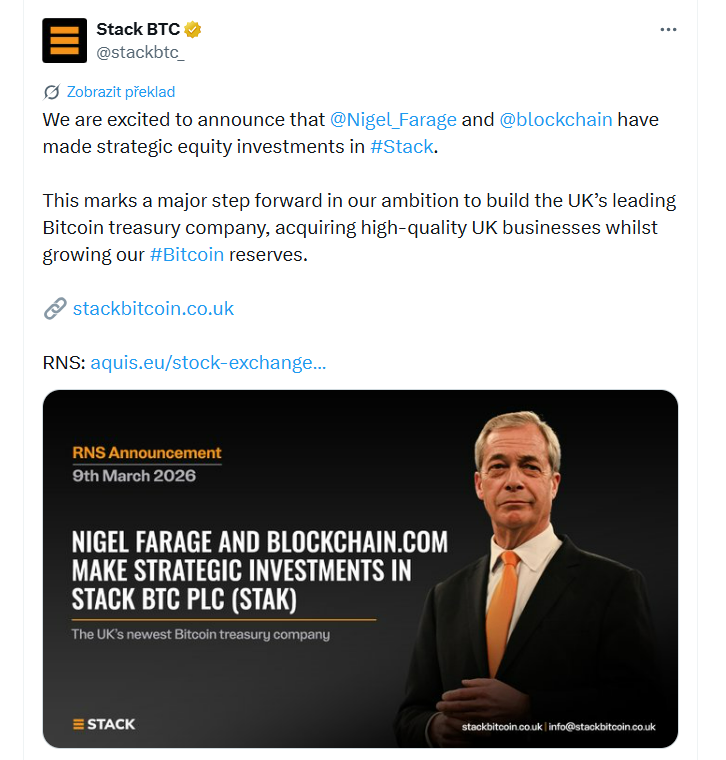 S radostí oznamujeme, že Nigel Farage a Blockchain.com provedli strategické kapitálové investice do společnosti Stack.Tento krok představuje významný posun v našem cíli vybudovat přední britskou bitcoinovou treasury společnost, která bude nakupovat kvalitní britské firmy a zároveň rozšiřovat své bitcoin rezervy.