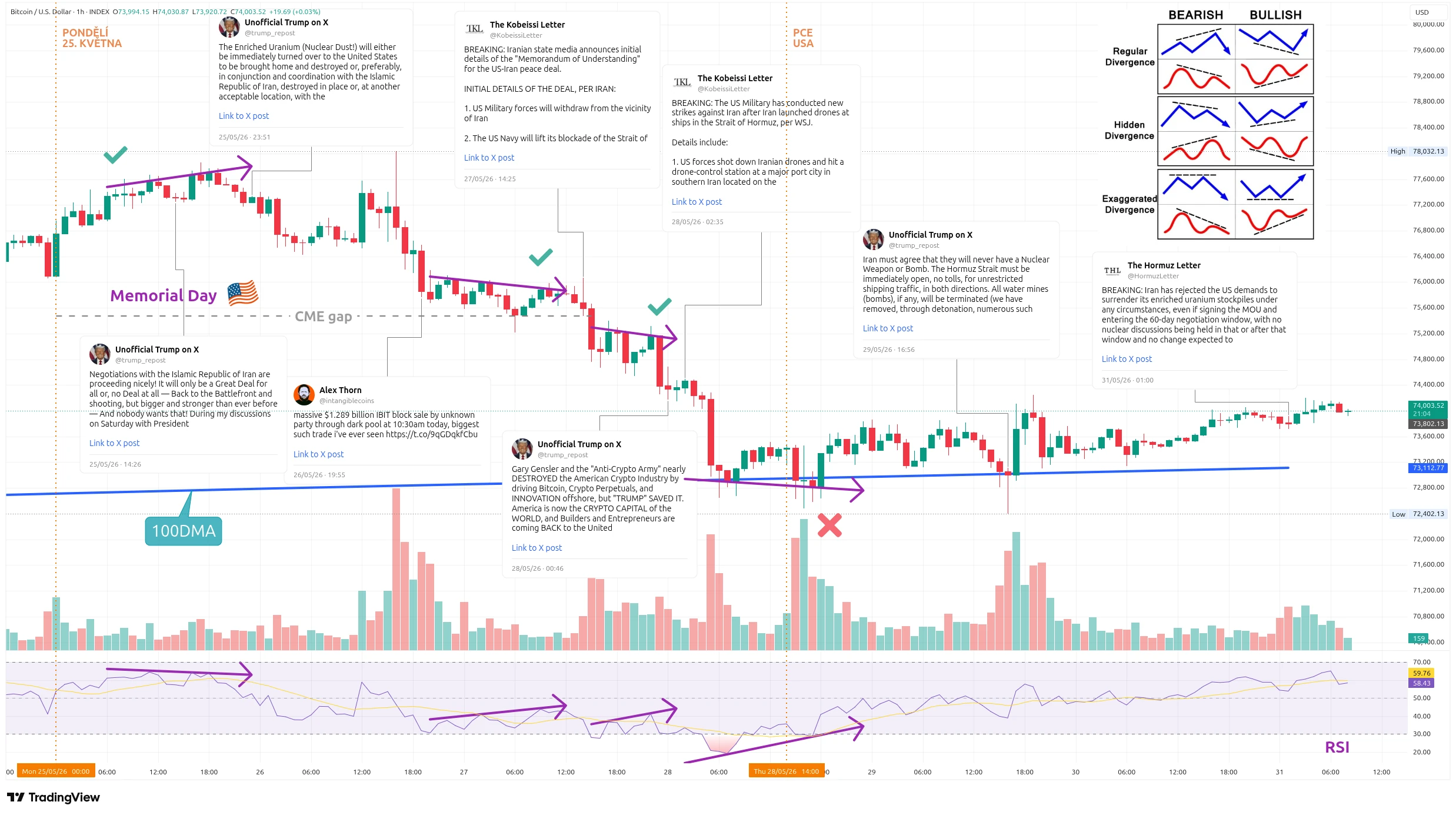 Hodinový graf kurzu ceny bitcoinu s vyznačením důležitých událostí tohoto týdne (zdroj: TradingView).