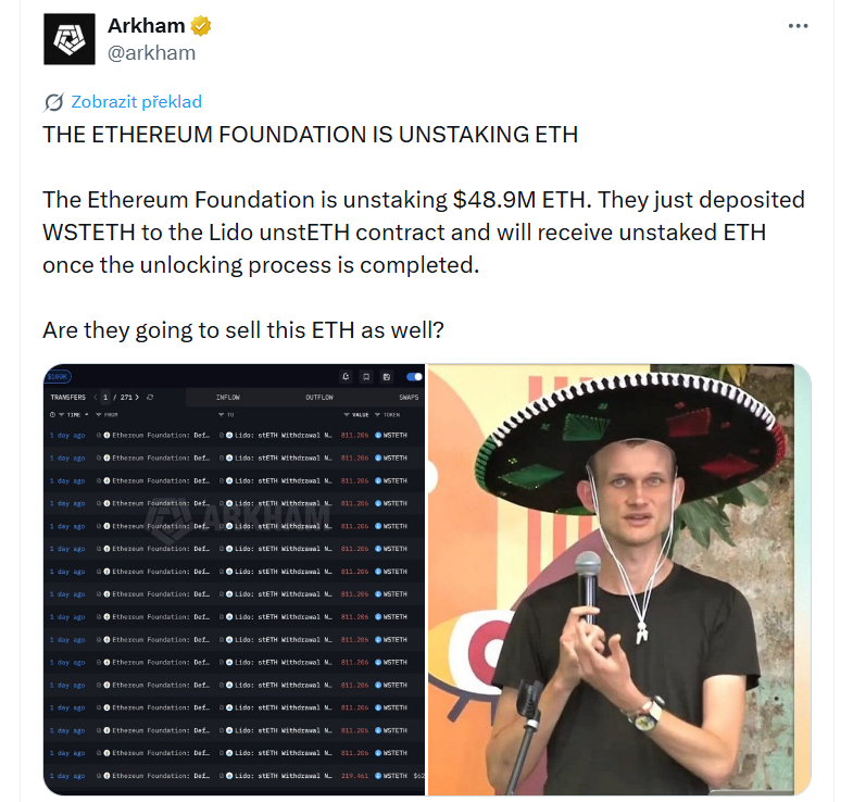 Ethereum Foundation aktuálně unstakuje ETH v hodnotě přibližně 48,9 milionu dolarů. Nadace právě vložila WSTETH do unstETH kontraktu platformy Lido a po dokončení procesu odemknutí obdrží klasické nestakované ETH. Otázkou teď je, zda nadace následně toto ETH také prodá. 