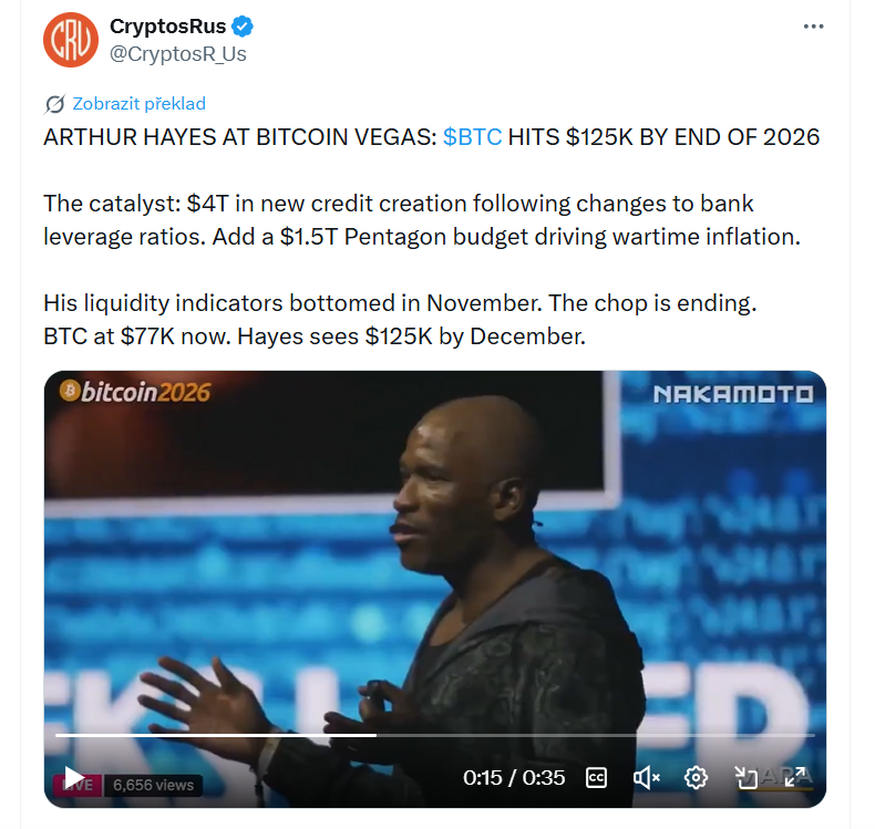 Arthur Hayes na konferenci Bitcoin 2026 Vegas: Bitcoin dosáhne do konce roku 2026 ceny 125 tisíc dolarů. Hlavním katalyzátorem má být vytvoření nových úvěrů v objemu 4 bilionů dolarů po změnách pravidel bankovních pákových poměrů. K tomu se přidává rozpočet Pentagonu ve výši 1,5 bilionu dolarů, který podle něj podpoří válečnou inflaci.