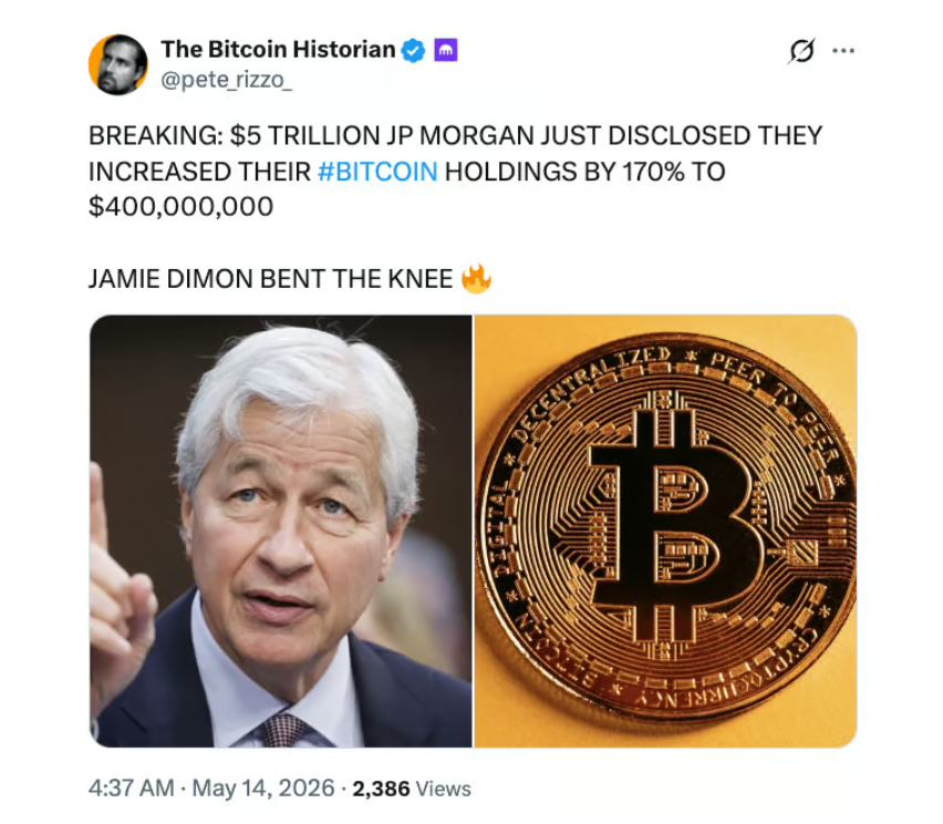 JPMorgan s aktivy v hodnotě 5 bilionů dolarů právě oznámila, že navýšila své držby bitcoinu o 170 % na 400 milionů dolarů.
Jamie Dimon nakonec otočil 🔥.