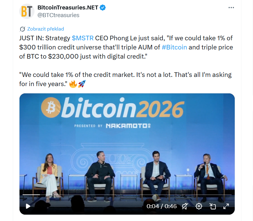 Generální ředitel Strategy MSTR Phong Le uvedl, že pokud by se firmě podařilo získat 1 % z úvěrového trhu v hodnotě 300 bilionů dolarů, ztrojnásobilo by to objem aktiv bitcoinu a cena BTC by díky digitálnímu kreditu mohla vzrůst až na 230 tisíc dolarů. Dodal také: ‚Mohli bychom získat 1 % úvěrového trhu. Není to moc. To je vše, o co během pěti let žádám.‘