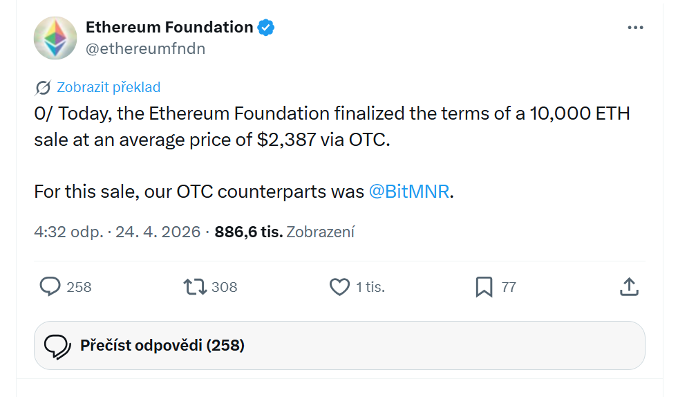 O týden dříve prodala Ethereum Foundation 10 000 ETH za cenu 2 387 dolarů za coin.