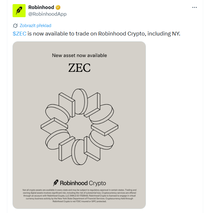 Zcash byl dne 23. dubna 2026 zalistován na platformě Robinhood.