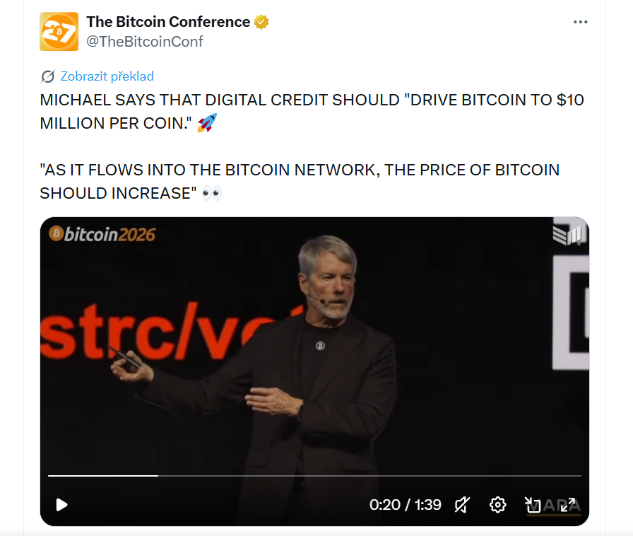 Michael říká, že digitální kredit by měl ‚vystřelit bitcoin na 10 milionů dolarů za minci‘. 🚀 Jak bude kapitál proudit do bitcoinové sítě, měla by podle něj růst i cena bitcoinu.