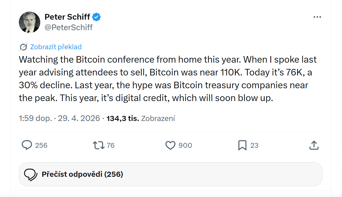 „Letošní bitcoinovou konferenci sleduji z domova. Když jsem na ní loni vystoupil a doporučoval účastníkům prodávat, bitcoin se pohyboval kolem 110 tisíc dolarů. Dnes je na 76 tisících, tedy asi o 30 % níže. Loni se na vrcholu trhu mluvilo hlavně o bitcoinových treasury společnostech. Letos je to digitální kredit, který podle mě brzy zkolabuje.“