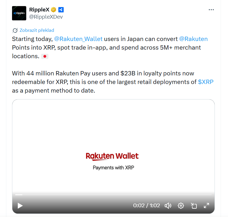 Od dnešního dne mohou uživatelé Rakuten Wallet v Japonsku převádět body z Rakuten na XRP, obchodovat je přímo v aplikaci a utrácet je u více než 5 milionů obchodníků. Díky 44 milionům uživatelů Rakuten Pay a věrnostním bodům v hodnotě 23 miliard dolarů, které lze nyní směnit za XRP, jde o jedno z největších nasazení XRP jako platební metody v maloobchodě vůbec.