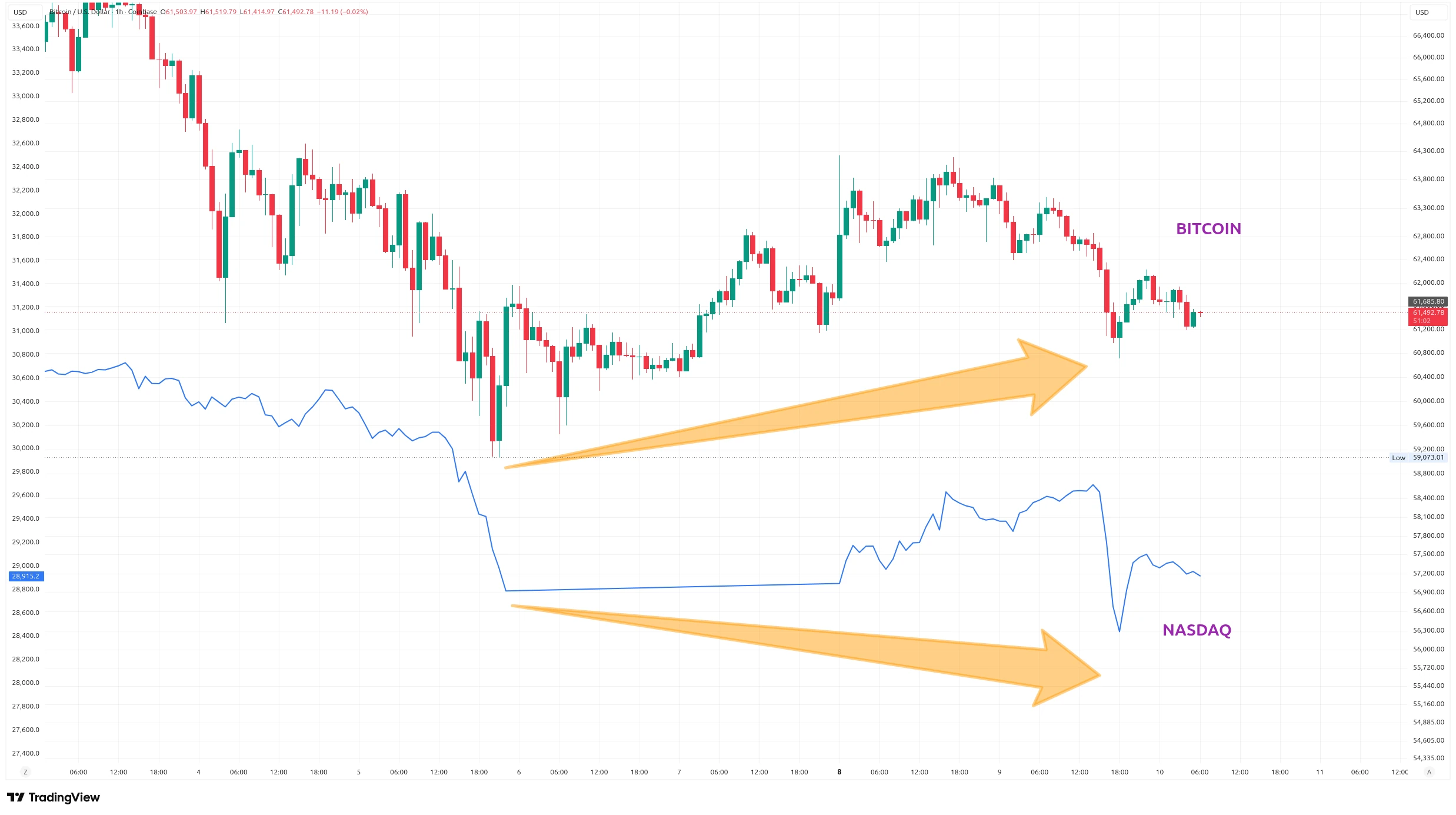 Hodinový graf kurzu ceny bitcoinu a indexu Nasdaq za poslední týden (zdroj: TradingView).