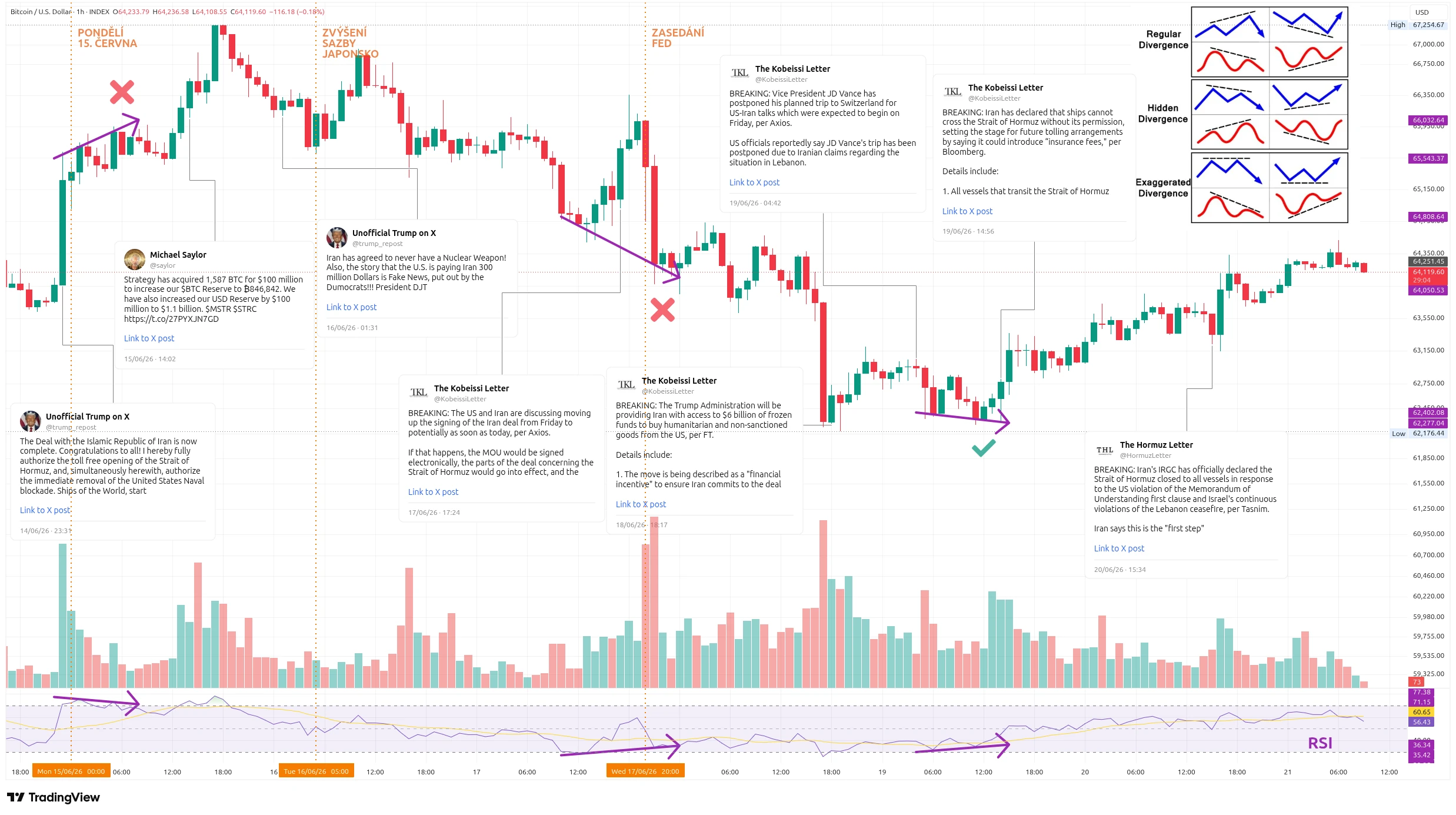 Hodinový graf kurzu ceny bitcoinu s vyznačením nejdůležitějších událostí tohoto týdne (zdroj: TradingView).