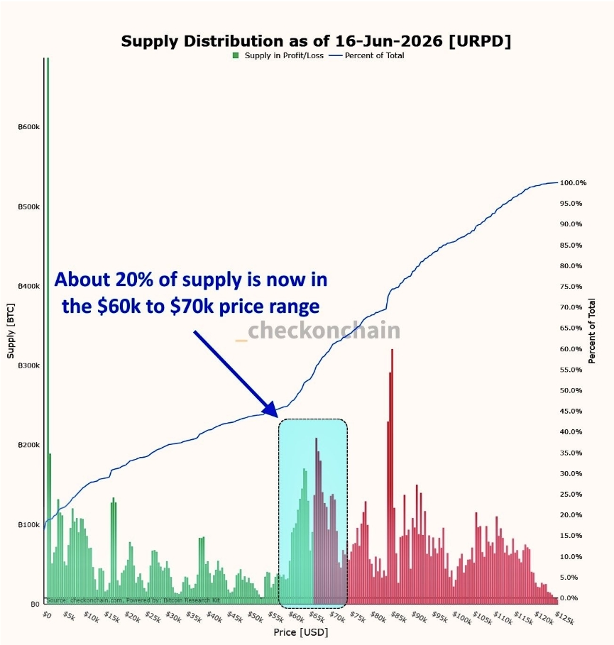 Přibližně 20 % všech bitcoinů se nyní nachází v cenovém pásmu mezi 60 000 a 70 000 dolary. Právě takovým způsobem vznikají významná tržní dna a silné podpůrné úrovně.